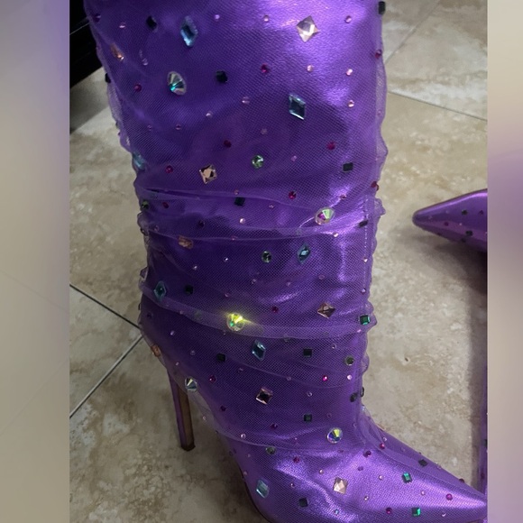Purple pointy toe stiletto lace rhinestone boots - Picture 3 of 5